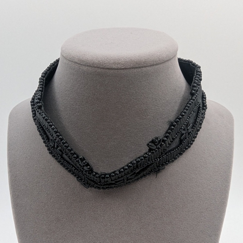 Vintage Style Black Beaded Choker Necklace Wide Fabric Band Statement Jewelry